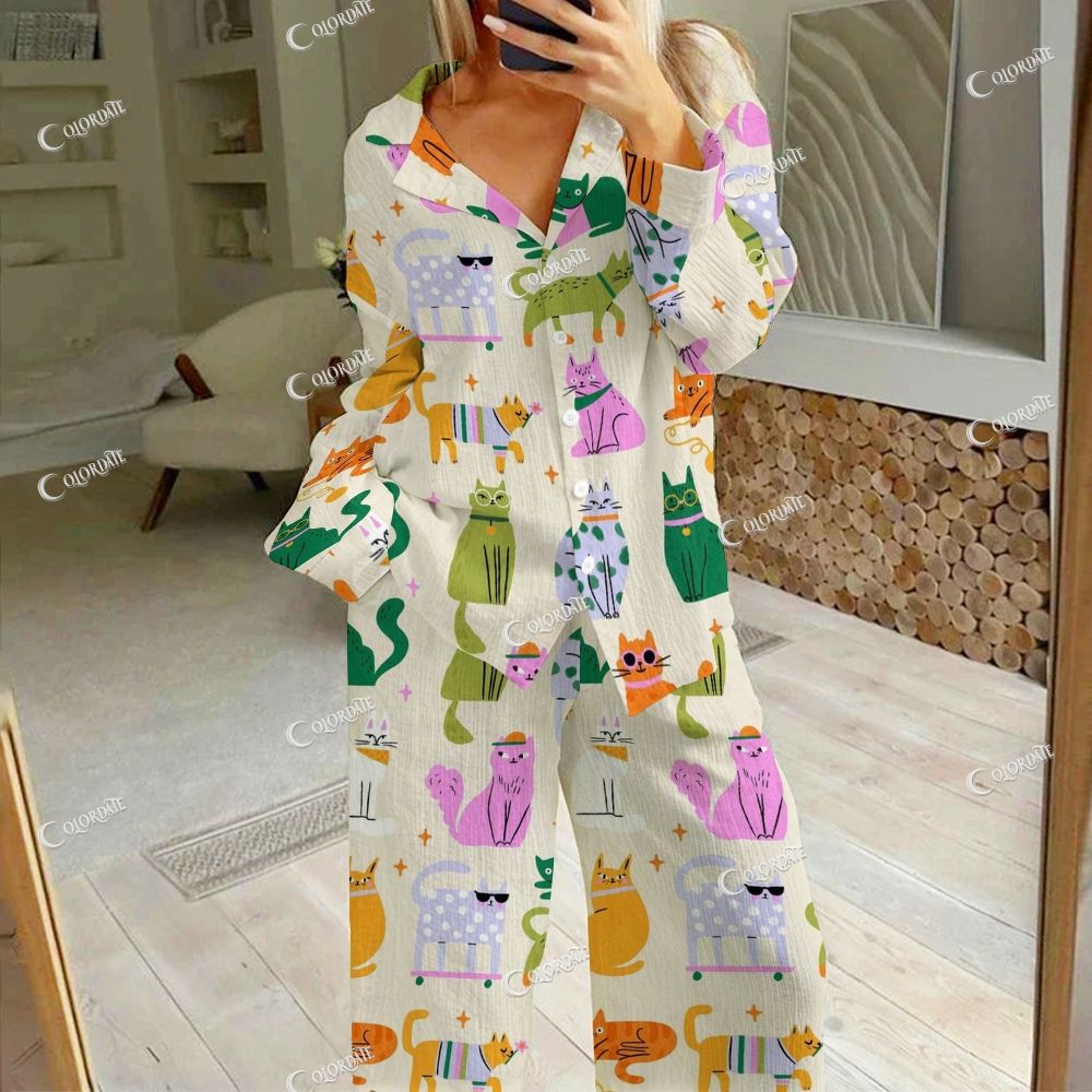 Colordate Women's Cat Print Cardigan Homewear Set