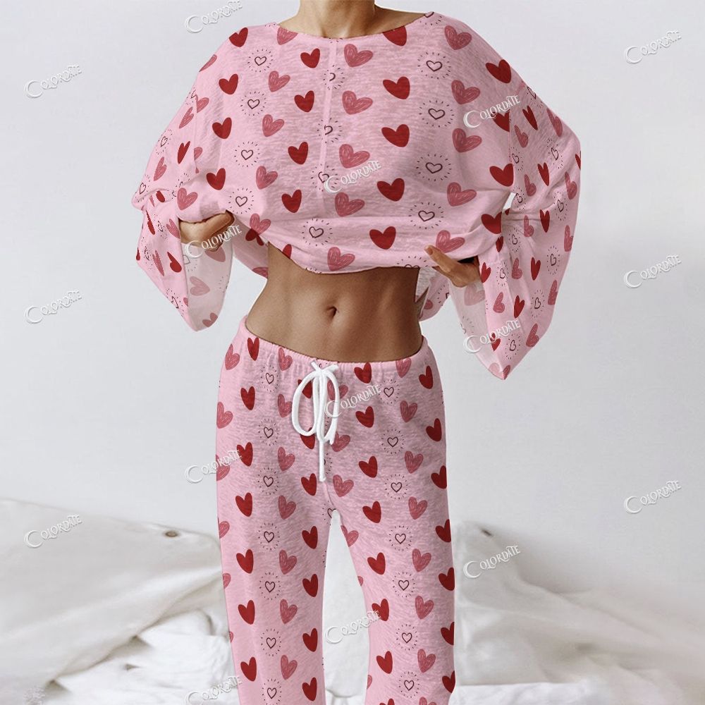 Colordate Women's Heart Print Long Sleeve Cotton Homewear Set
