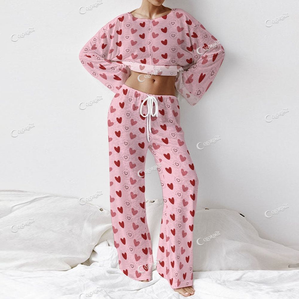 Colordate Women's Heart Print Long Sleeve Cotton Homewear Set