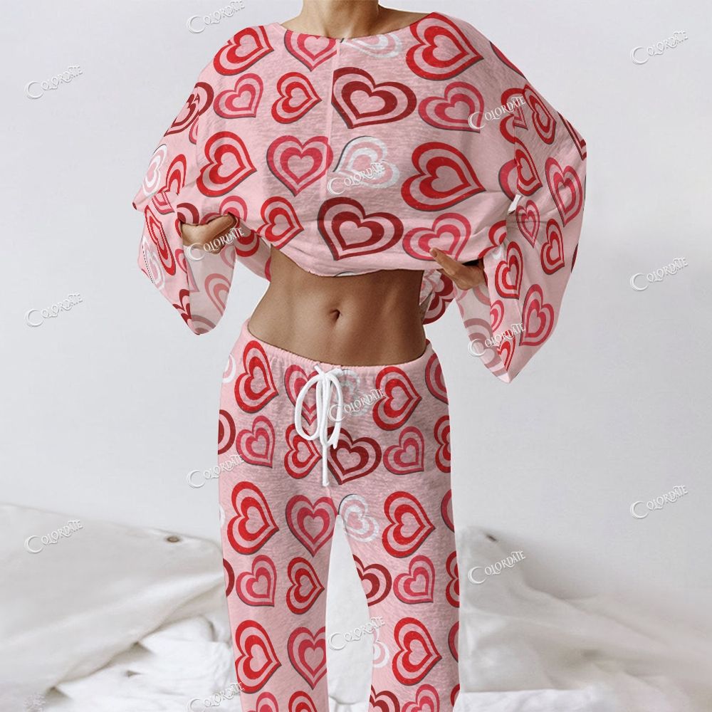 Colordate Women's Red Heart Print Long Sleeve Cotton Homewear Set