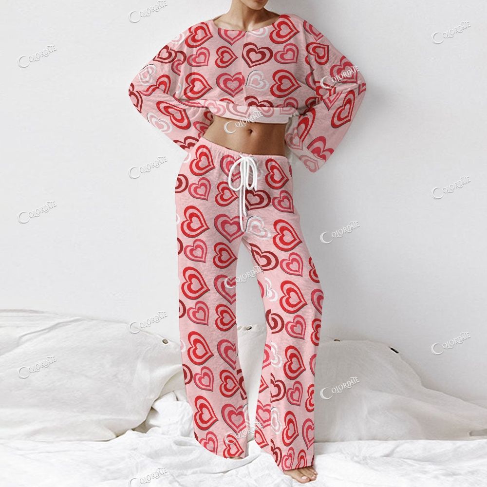 Colordate Women's Red Heart Print Long Sleeve Cotton Homewear Set