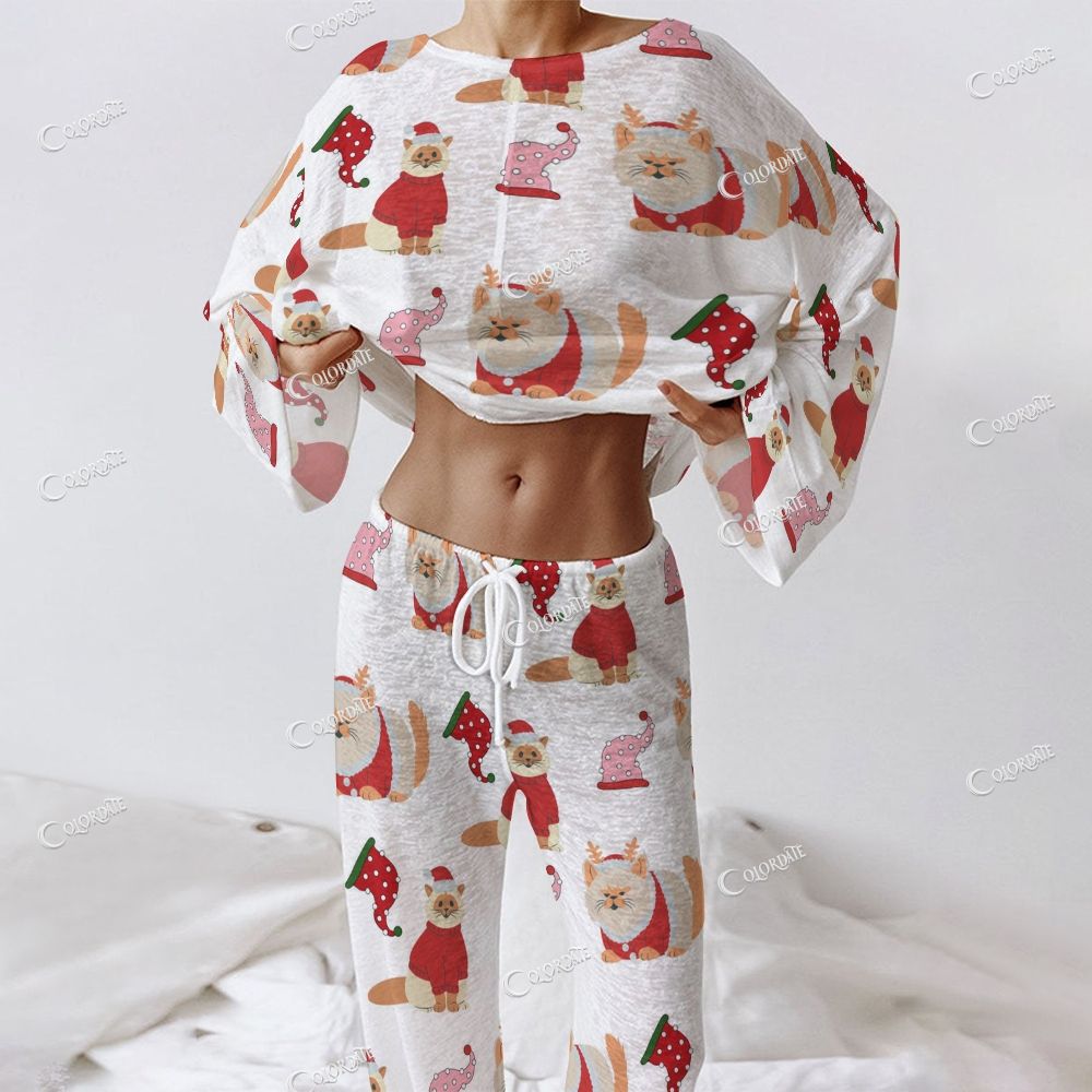 Colordate Women's Christmas Cat Print Long Sleeve Cotton Homewear Set