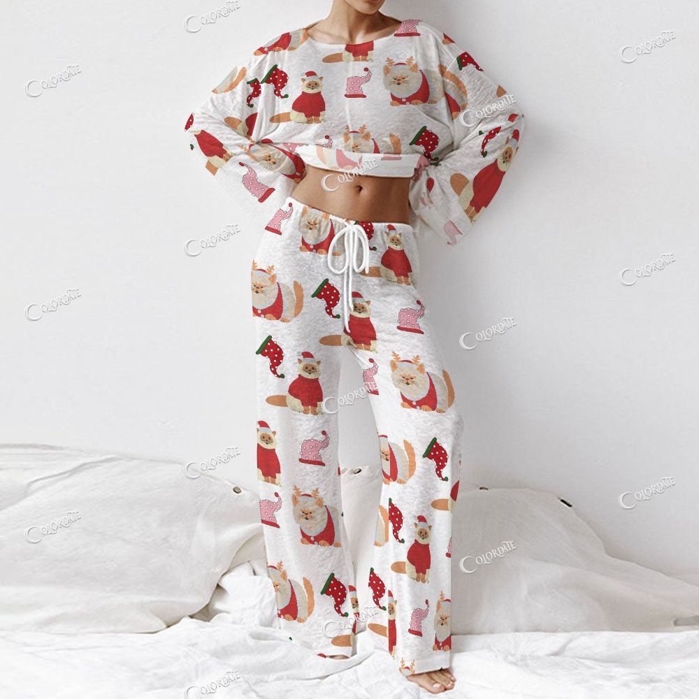 Colordate Women's Christmas Cat Print Long Sleeve Cotton Homewear Set