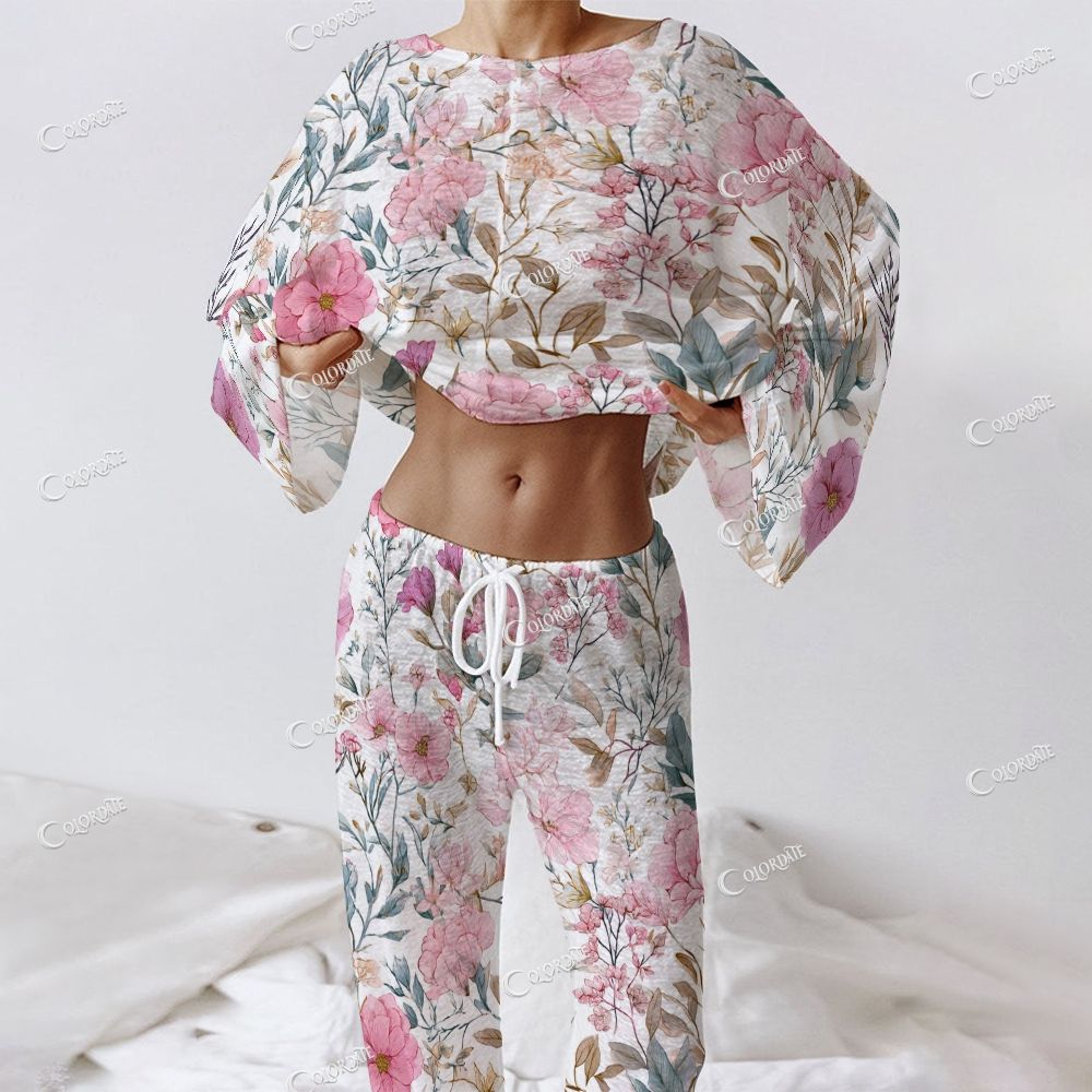 Colordate Women's Pink Flower Print Long Sleeve Cotton Homewear Set