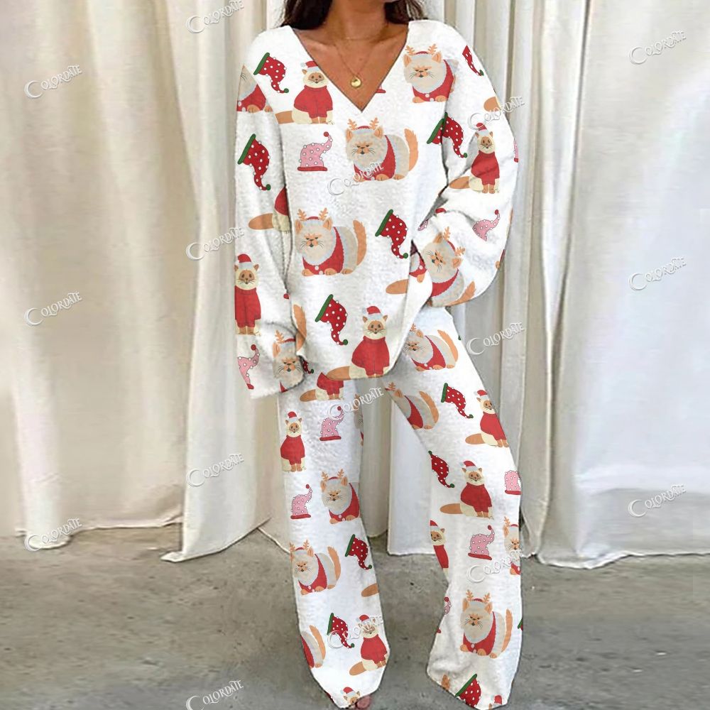 Colordate Cat Print Loungewear Set For Women