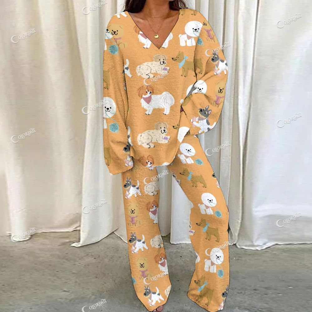 Colordate Cute Cat Print Loungewear Set For Women