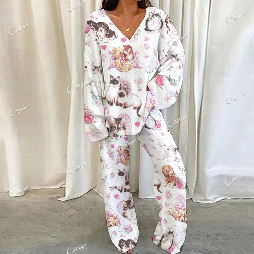 Colordate Dog And Cat Print Loungewear Set For Women