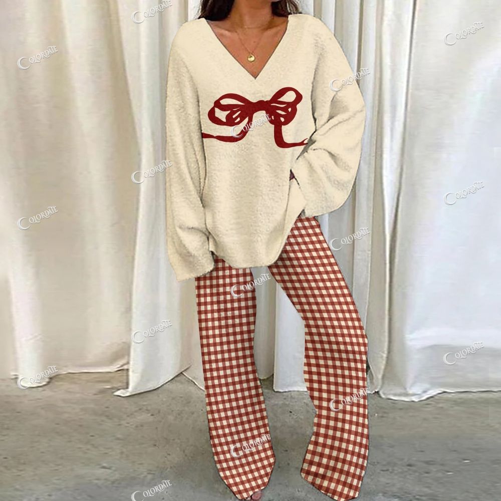 Colordate Red Bow Print Loungewear Set For Women
