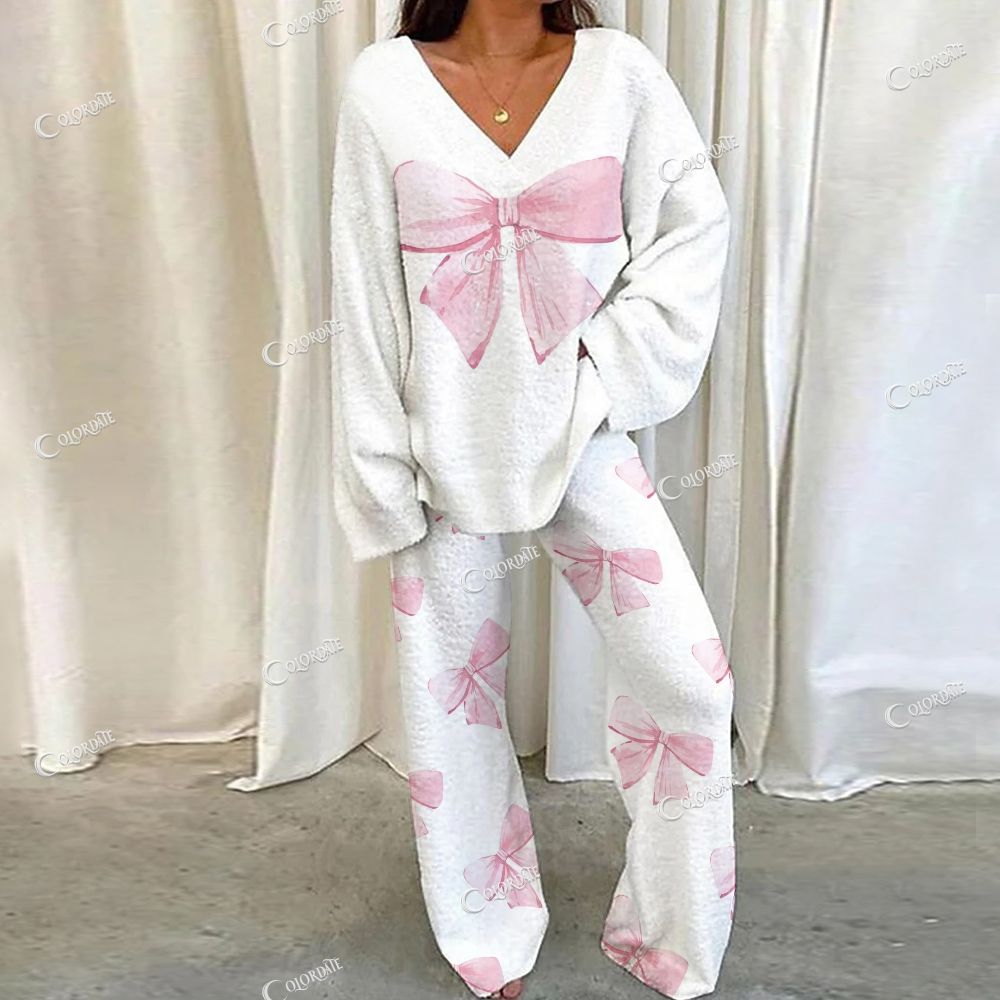 Colordate Pink Bow Print Loungewear Set For Women