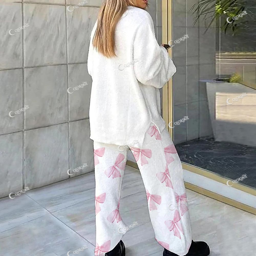 Colordate Pink Bow Print Loungewear Set For Women