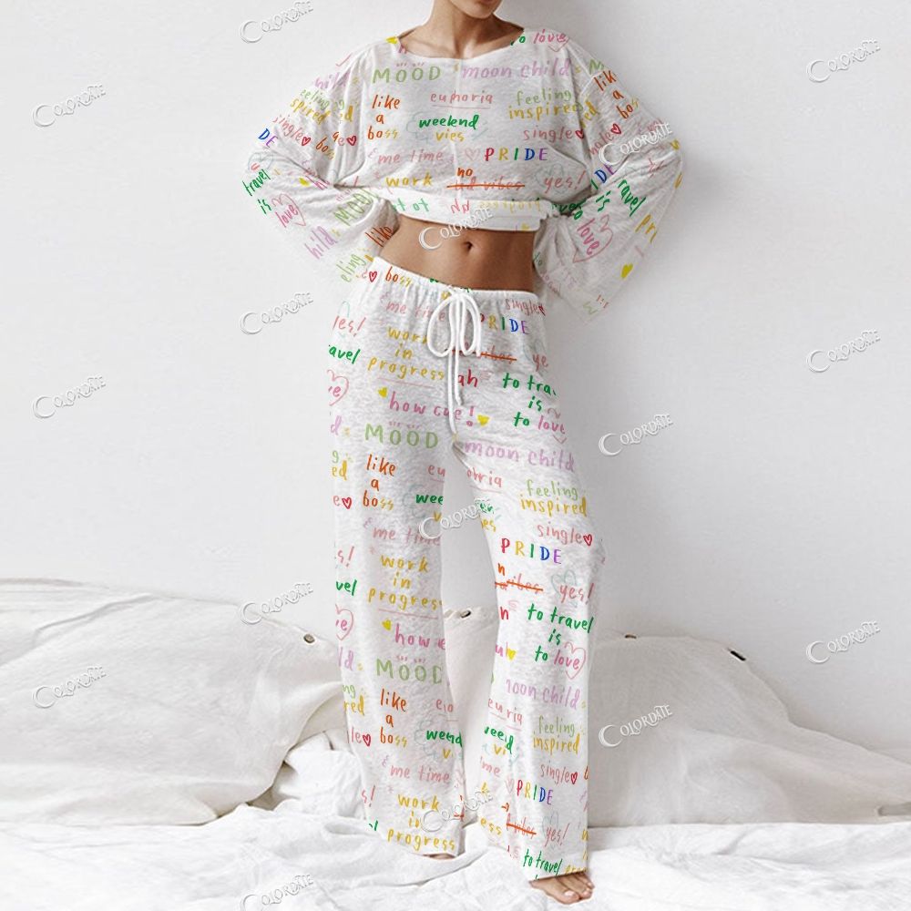 Colordate Women's Letter Print Long Sleeve Cotton Homewear Set