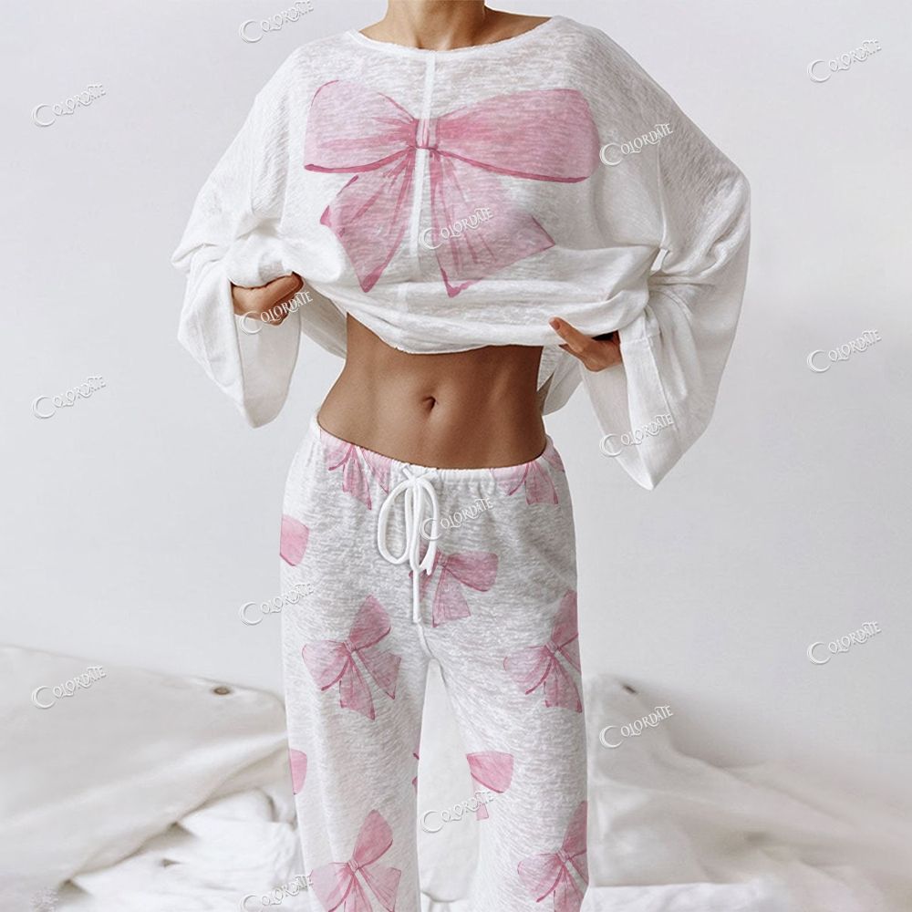 Colordate Women's Pink Bow Print Long Sleeve Cotton Homewear Set