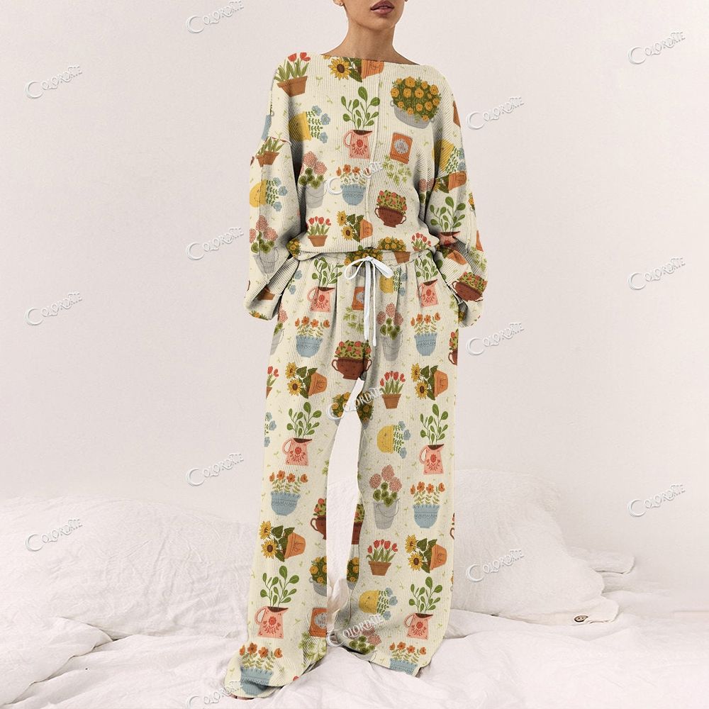 Colordate Women's Flower Print Long Sleeve Pajama Set