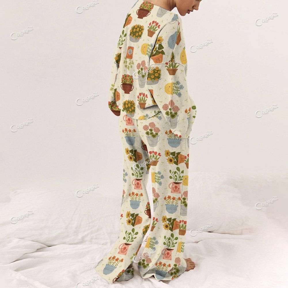 Colordate Women's Flower Print Long Sleeve Pajama Set