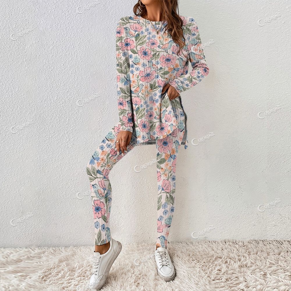 Colordate Women's Pink And Blue Flower Print Long Sleeve Suit