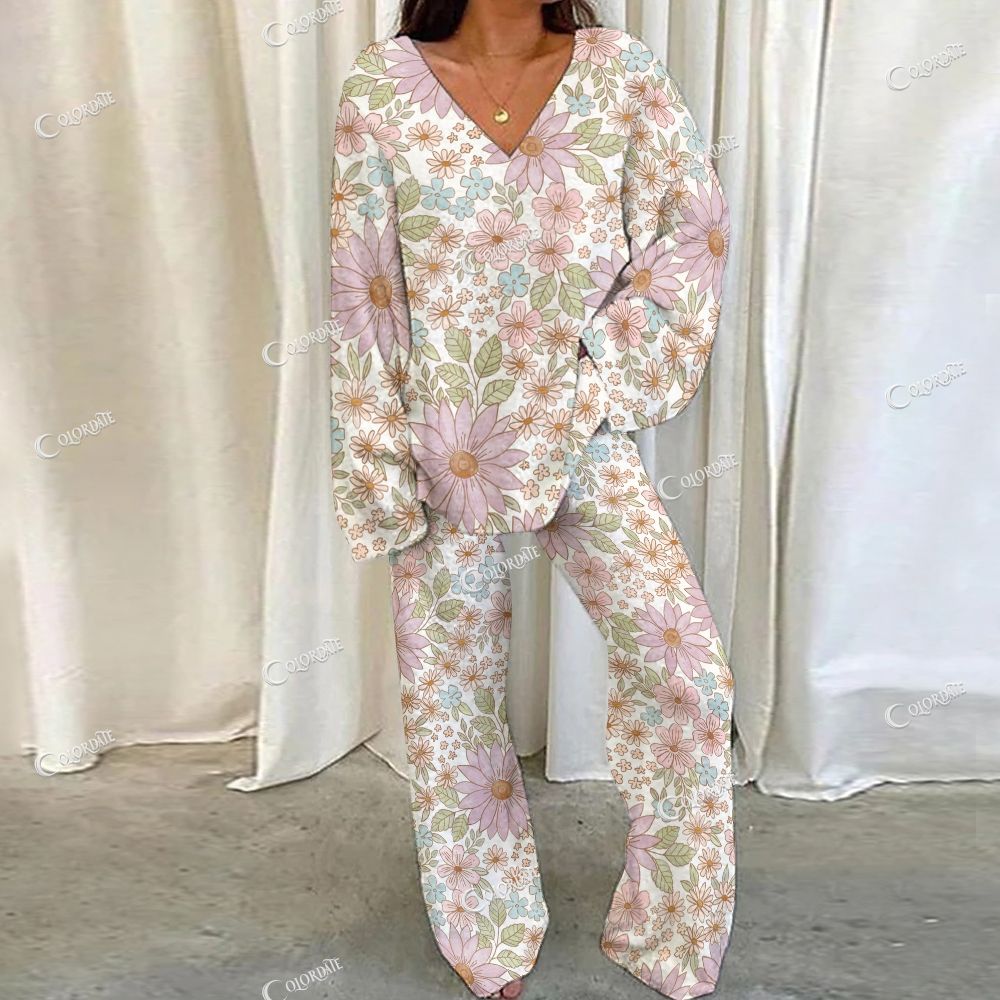 Colordate Flower Print Loungewear Set For Women