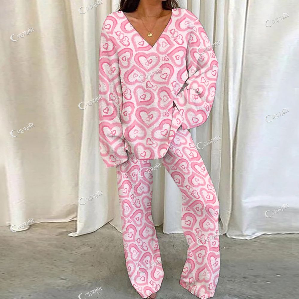 Colordate Pink Heart Print Loungewear Set For Women