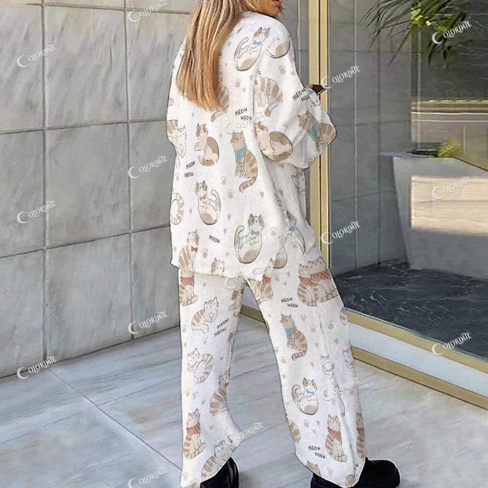 Colordate Cat Print Loungewear Set For Women