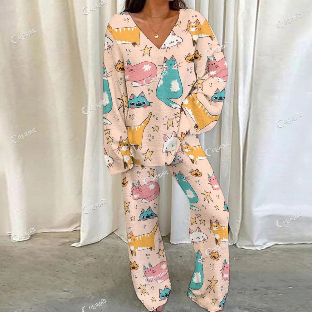 Colordate Cat Print Loungewear Set For Women