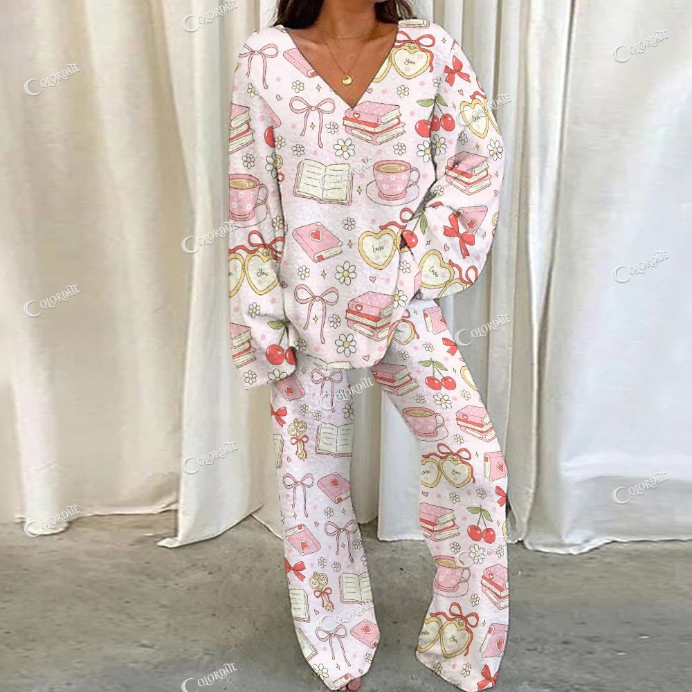 Colordate Book And Flower Print Loungewear Set For Women 