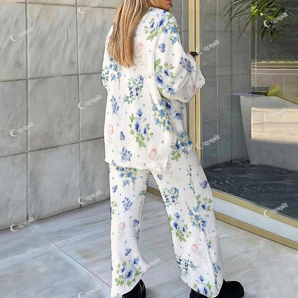 Colordate Blue Flower Print Loungewear Set For Women 