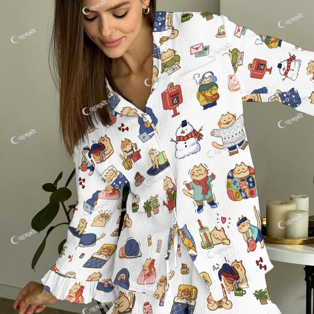 Colordate Women's Cute Cat Vintage Printed Suit