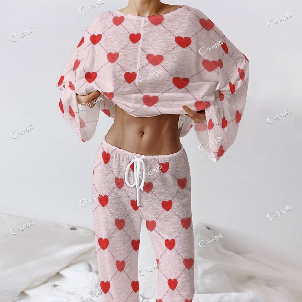 Women's Pink Polka Dot Heart Print Long Sleeve Cotton Homewear Set