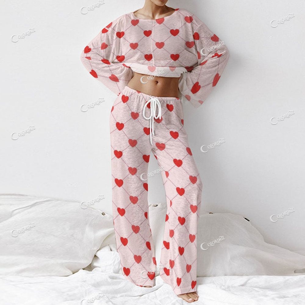 Women's Pink Polka Dot Heart Print Long Sleeve Cotton Homewear Set