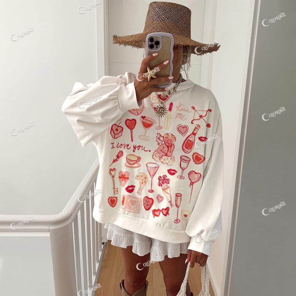 Women's Pink Floral & Cake Print Casual Crew Neck Sweatshirt