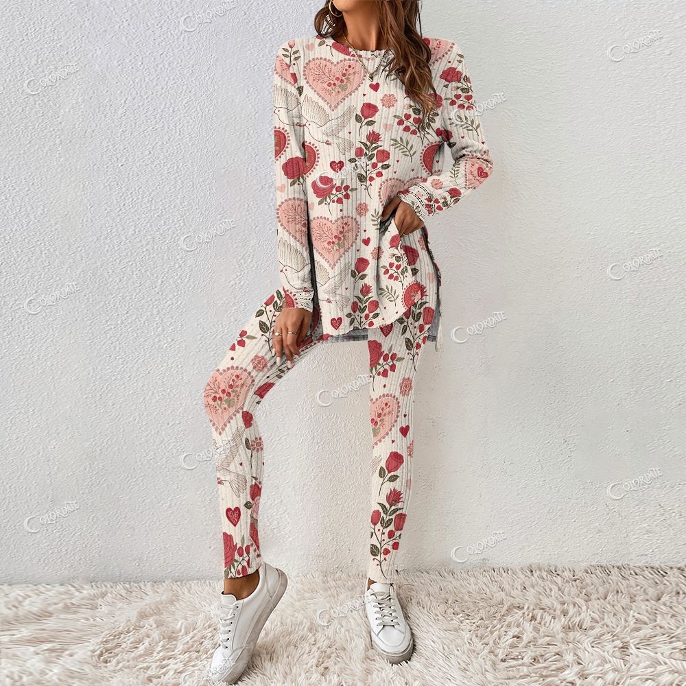 Women's Watercolor Rose Print Beige & Pink Long Sleeve Suit