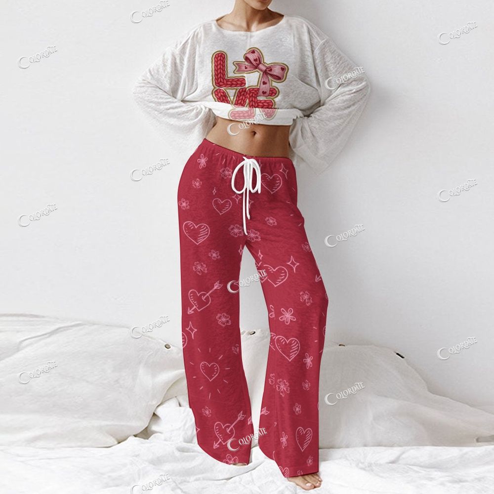 Women's Red Love Print Long Sleeve Cotton Homewear Set 