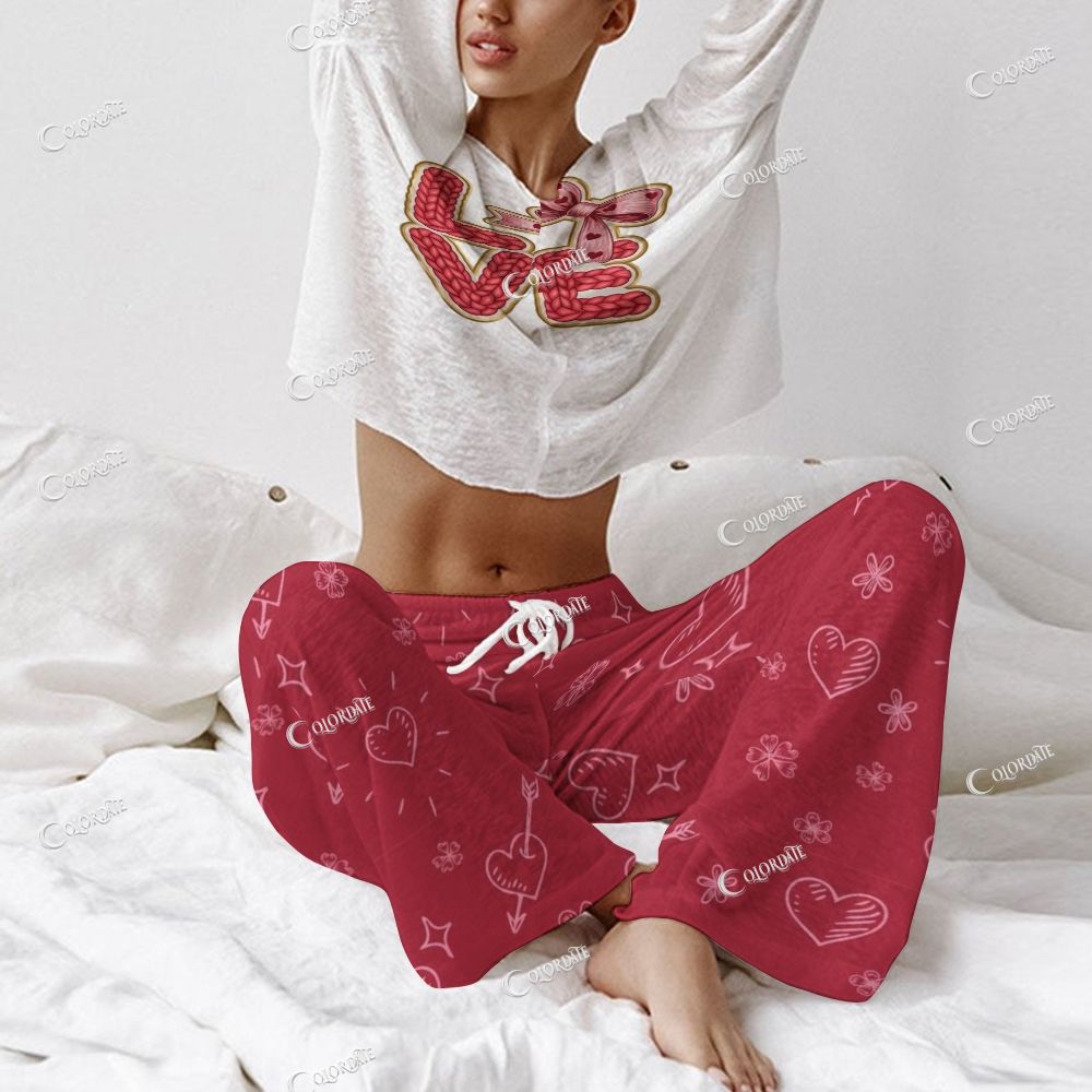 Women's Red Love Print Long Sleeve Cotton Homewear Set 