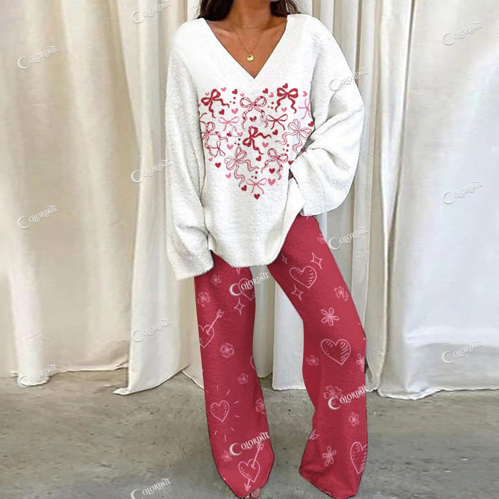 Loungewear Red Bow Print Set For Women 
