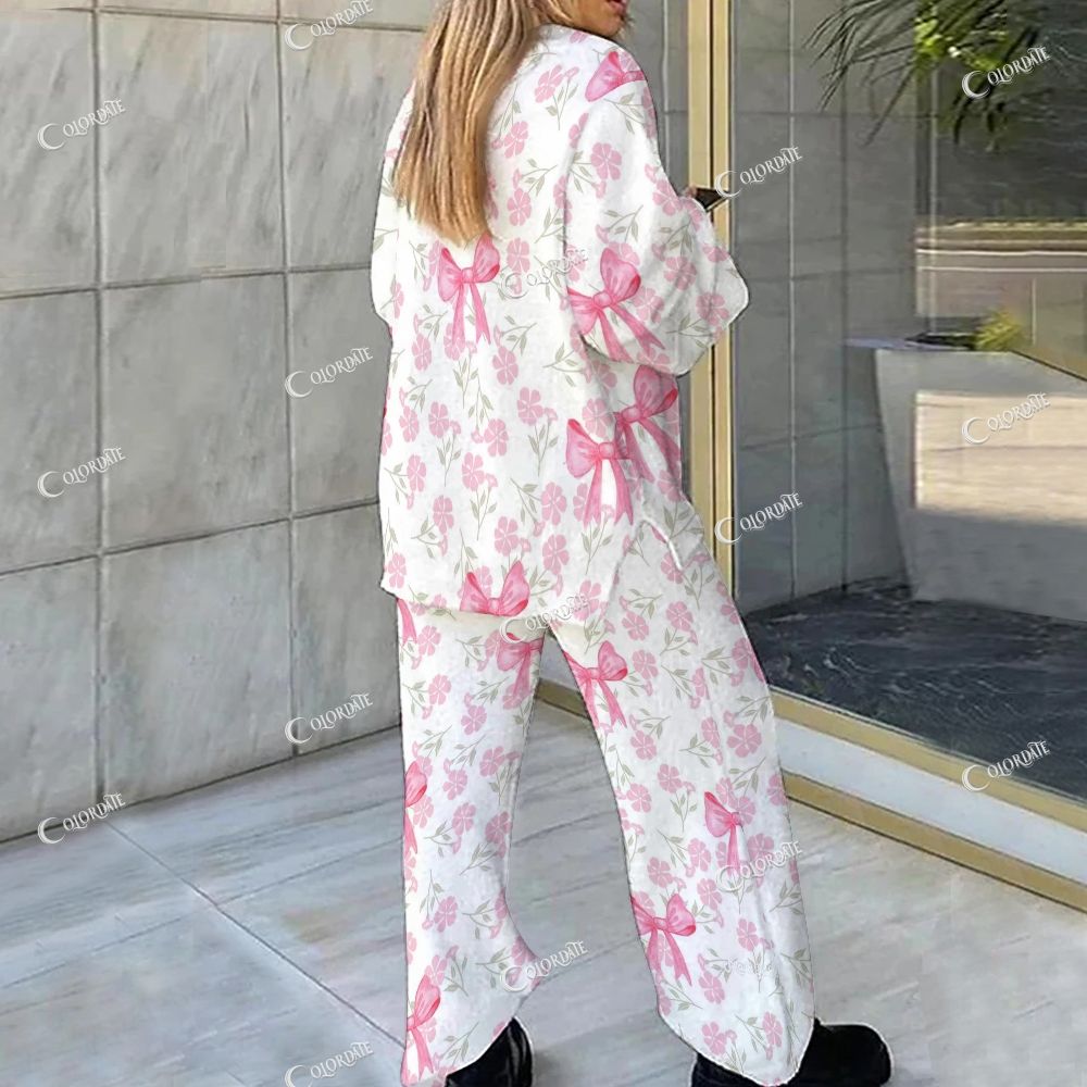 Pink Bow & Floral Loungewear Set For Women 