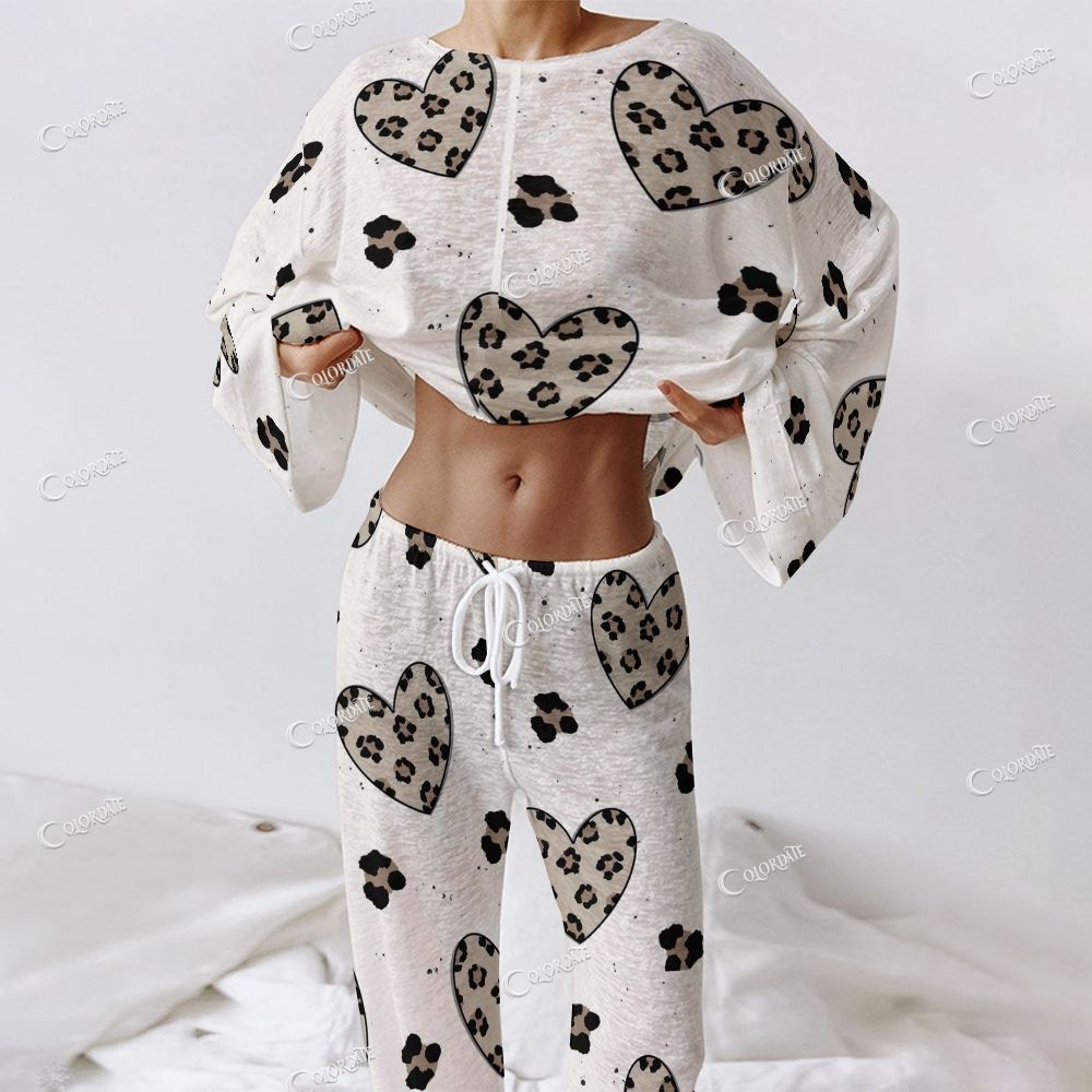Women's Leopard Heart Print Long Sleeve Cotton Homewear Set
