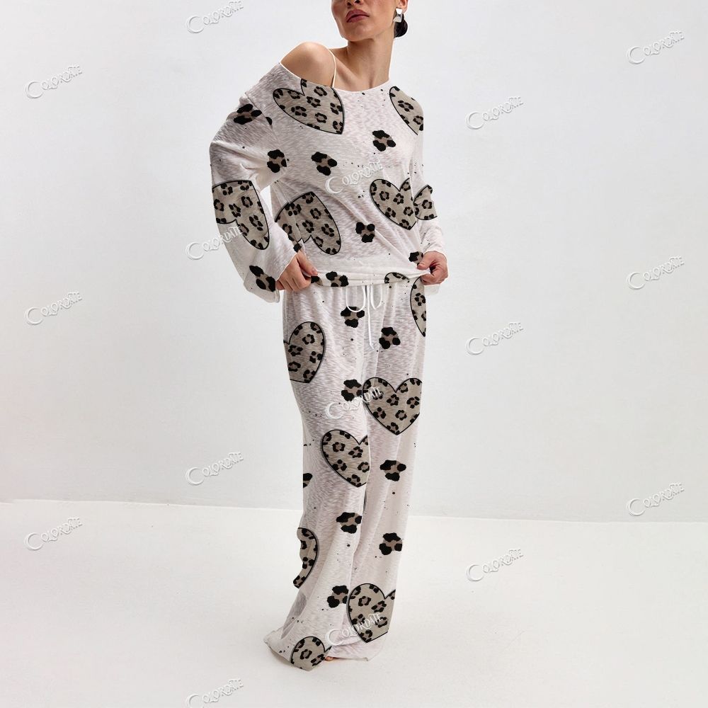 Women's Leopard Heart Print Long Sleeve Cotton Homewear Set