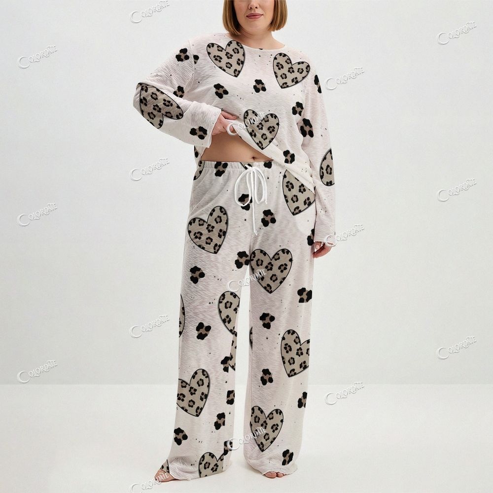 Women's Leopard Heart Print Long Sleeve Cotton Homewear Set