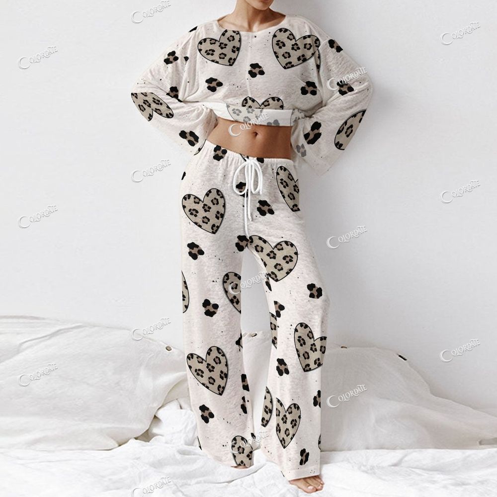 Women's Leopard Heart Print Long Sleeve Cotton Homewear Set