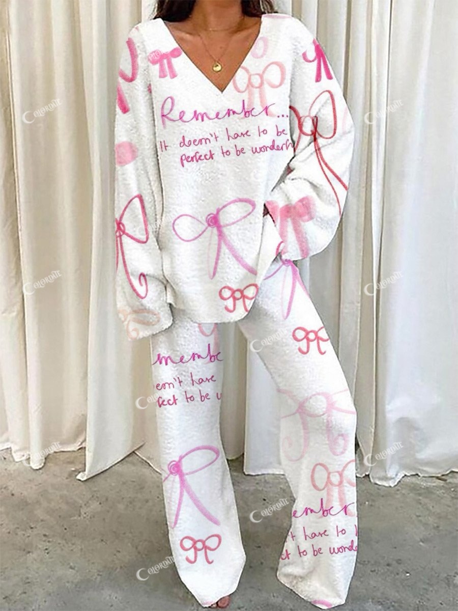 Women's Text Bow Pattern V-Neck Long Sleeve Pants Set