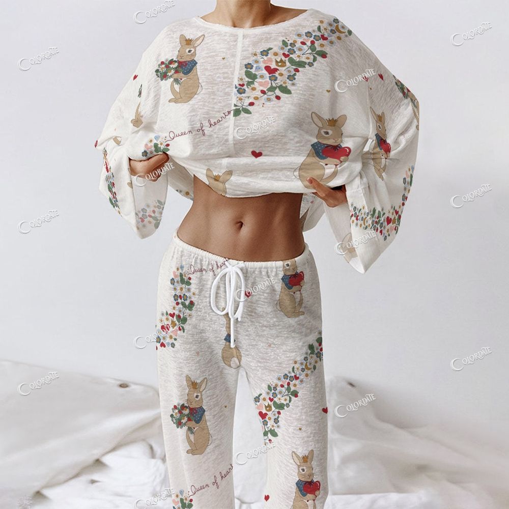 Women's Bunny Floral Print Long Sleeve Cotton Homewear Set