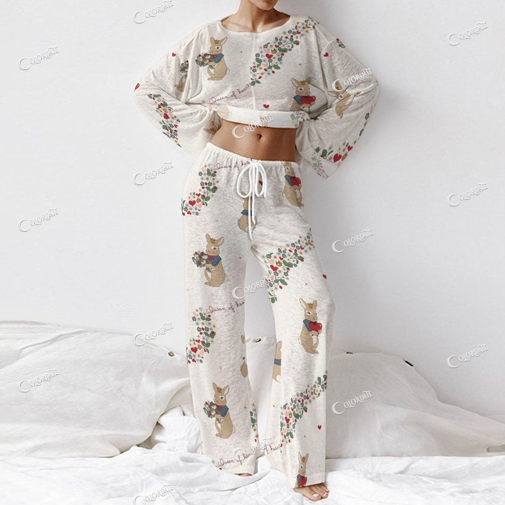 Women's Bunny Floral Print Long Sleeve Cotton Homewear Set