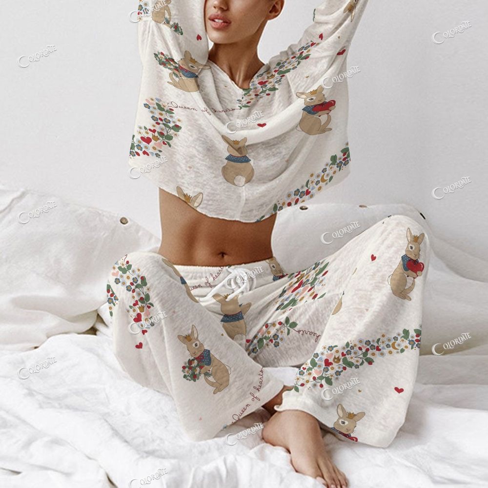 Women's Bunny Floral Print Long Sleeve Cotton Homewear Set