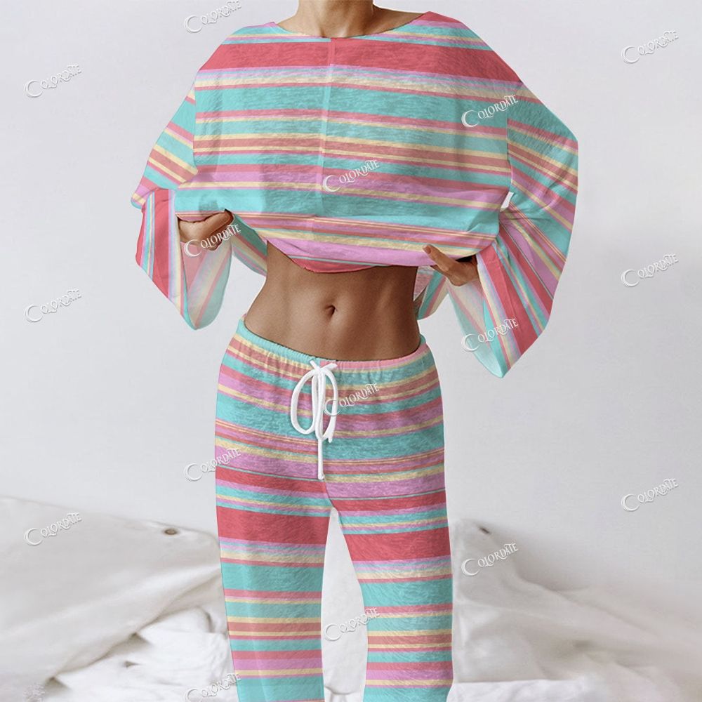 Women's Rainbow Stripe Print Long Sleeve Cotton Homewear Set