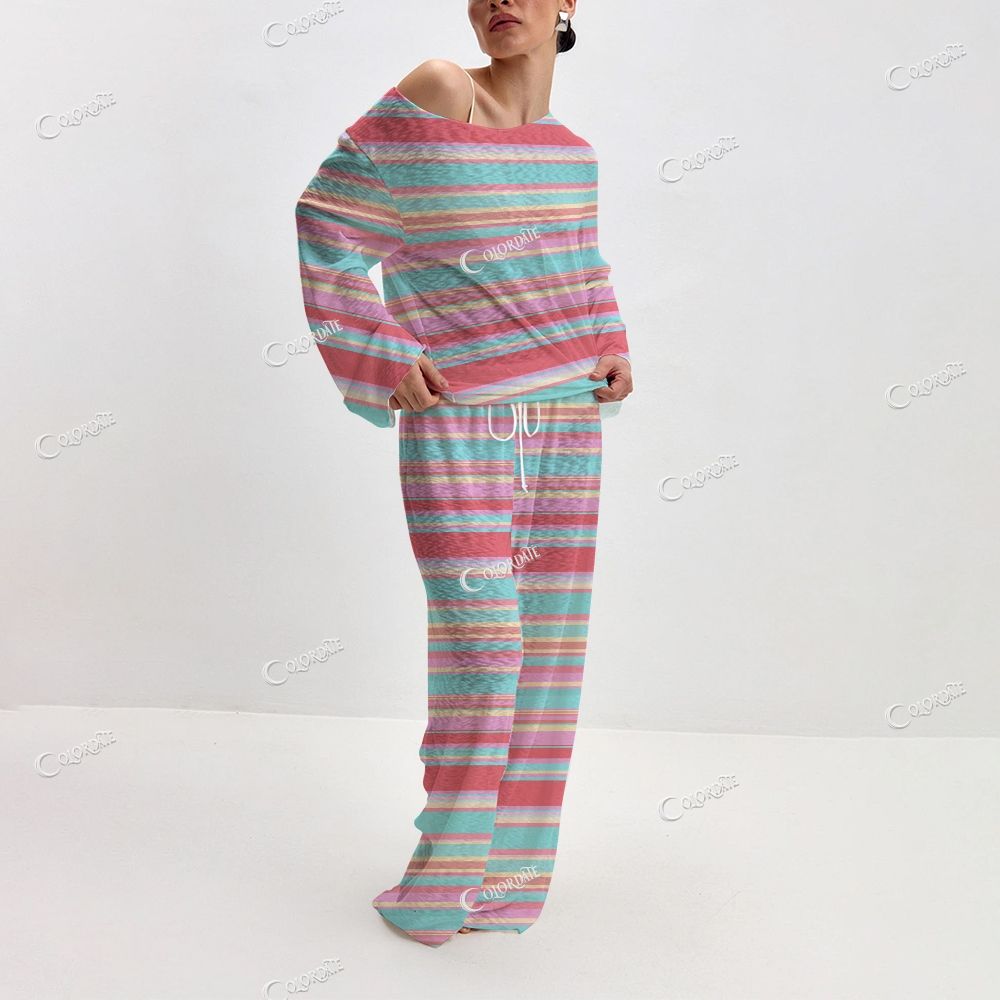Women's Rainbow Stripe Print Long Sleeve Cotton Homewear Set