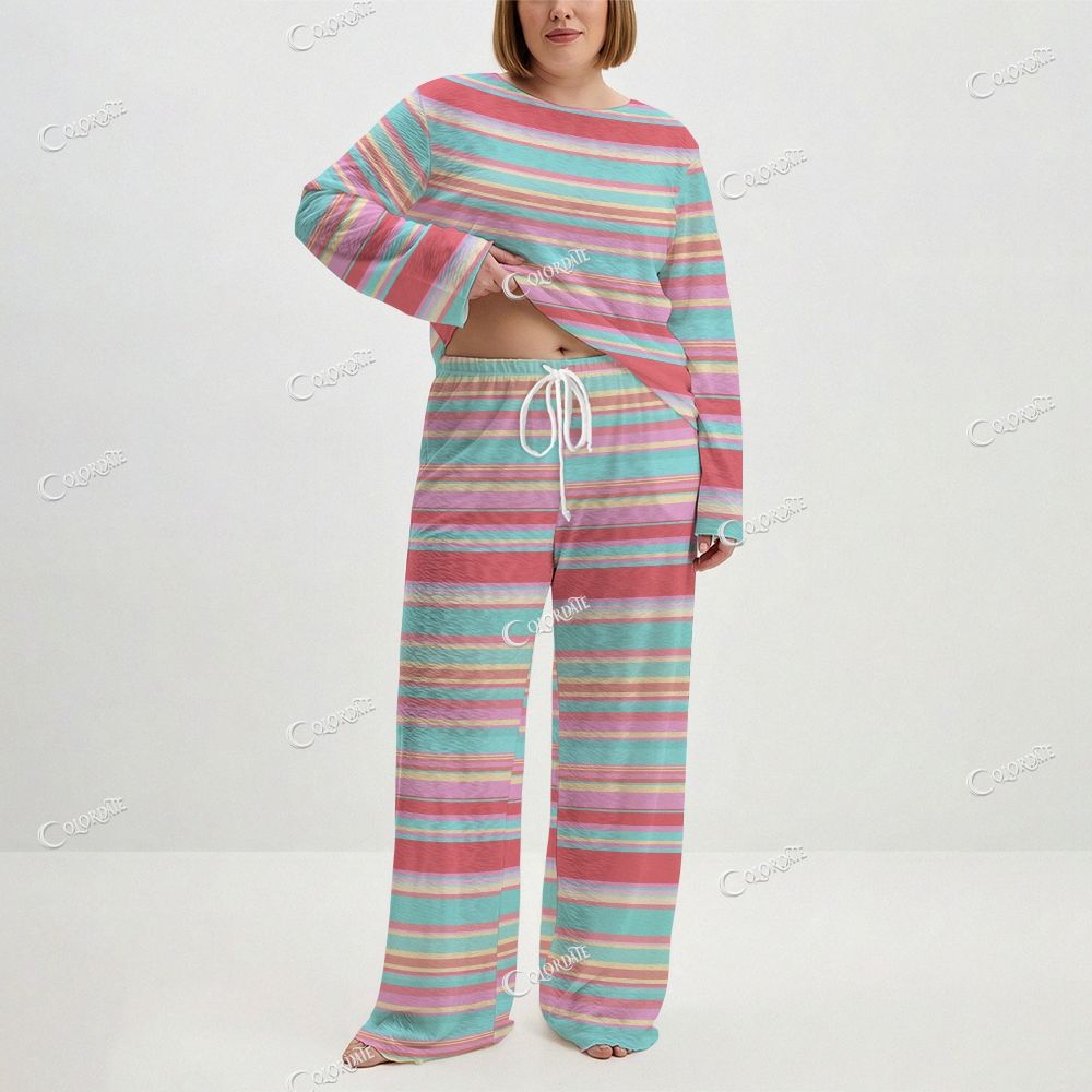 Women's Rainbow Stripe Print Long Sleeve Cotton Homewear Set
