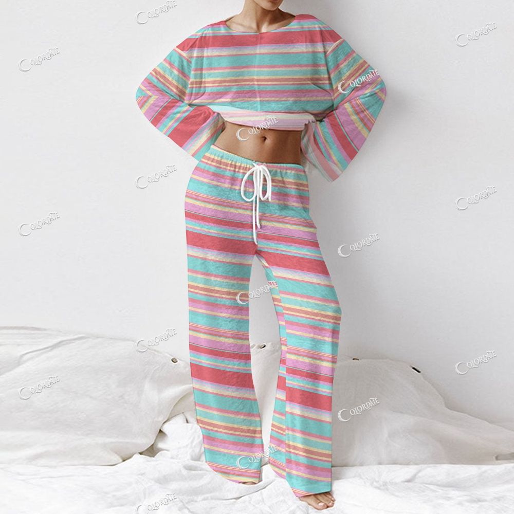 Women's Rainbow Stripe Print Long Sleeve Cotton Homewear Set