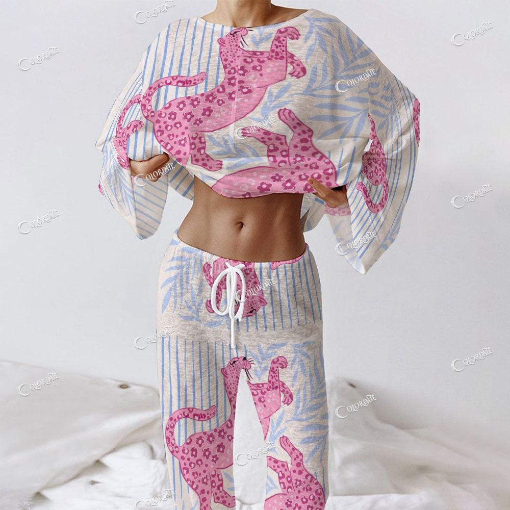 Women's Pink Leopard Stripe Print Long Sleeve Cotton Homewear Set