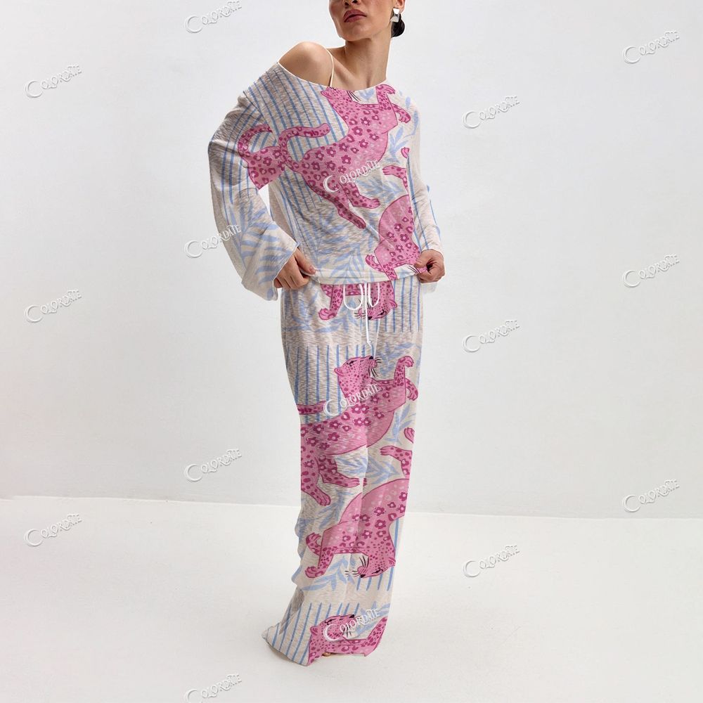 Women's Pink Leopard Stripe Print Long Sleeve Cotton Homewear Set