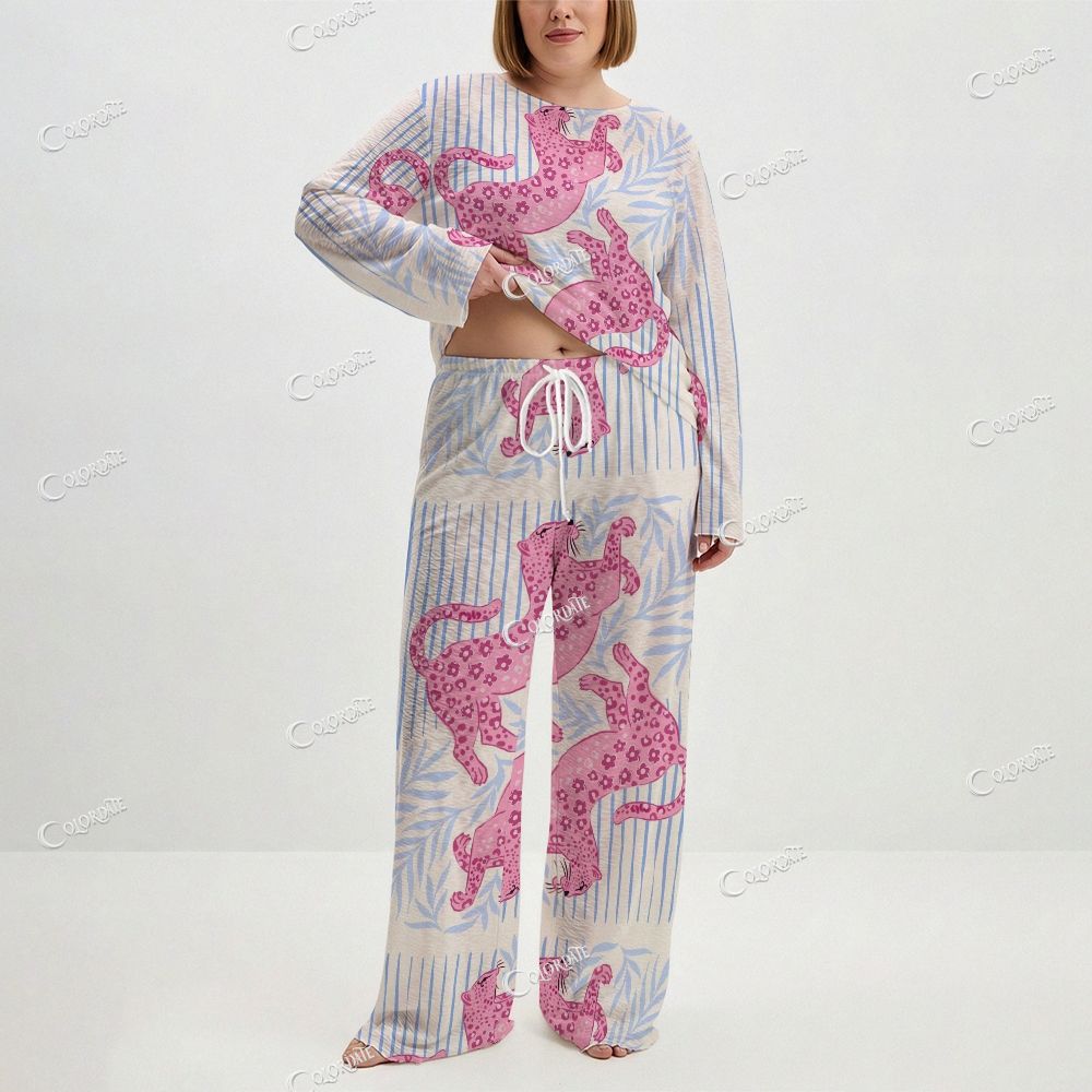 Women's Pink Leopard Stripe Print Long Sleeve Cotton Homewear Set