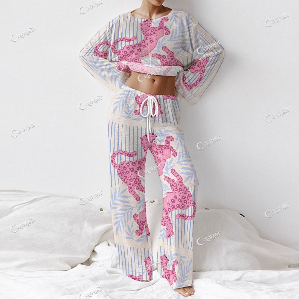 Women's Pink Leopard Stripe Print Long Sleeve Cotton Homewear Set